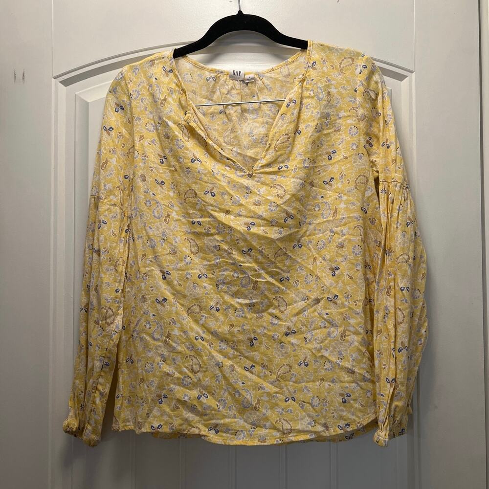 Gap Women’s Long Sleeve Split-Neck Pullover Paisley Blouse Twill Size‎ S Yellow